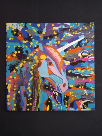 The rainbow unicorn. 60 x 60 cm. Acrylic painting.